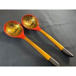 Russian Vintage Wooden Spoons Folk Art Hand Painted Set of 2